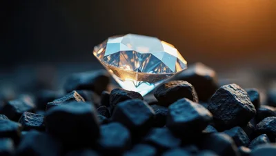 Brilliant Cut Diamond Resting On Dark Coal Rocks