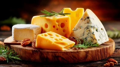 Assorted Gourmet Cheeses On A Wooden Serving Board