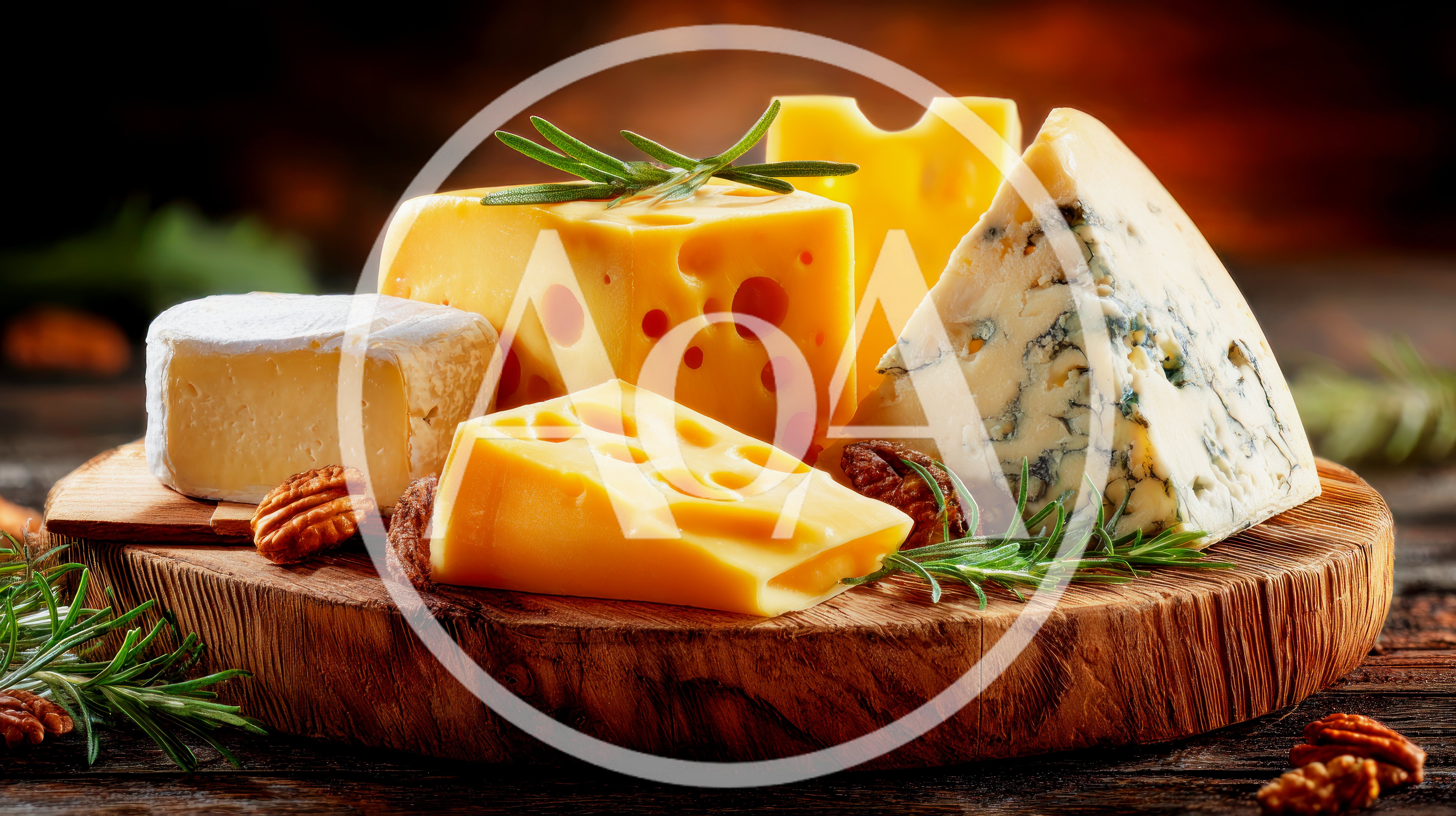 Assorted Gourmet Cheeses On A Wooden Serving Board