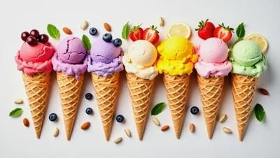 Seven Colorful Ice Cream Cones Arranged In A Row