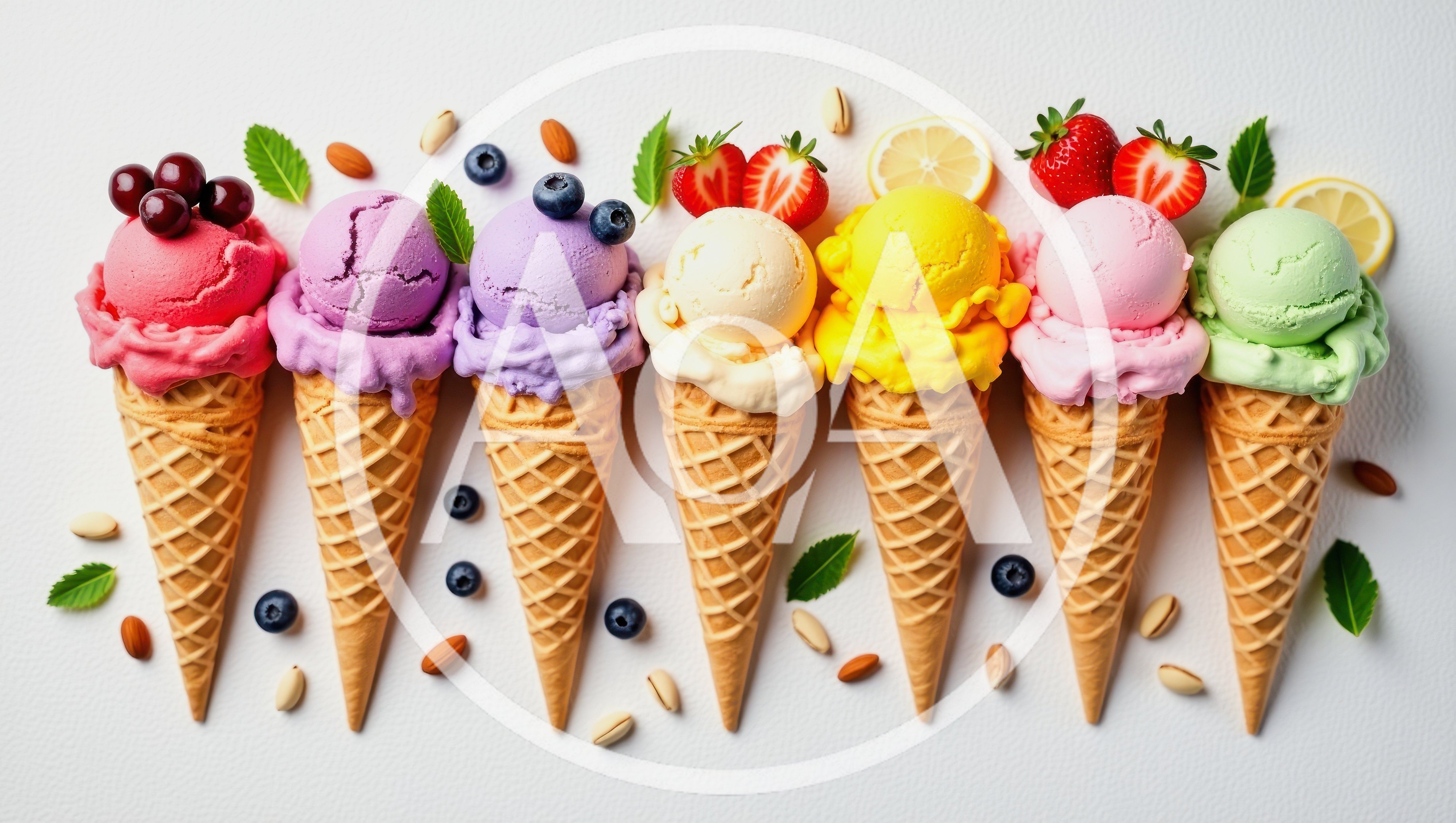 Seven Colorful Ice Cream Cones Arranged In A Row