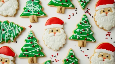 Assorted Christmas Cookies Shaped Like Santa And Trees