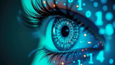 Digital Human Eye With Binary Code Overlay
