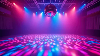 Empty Dance Floor With Disco Ball And Colorful Lights