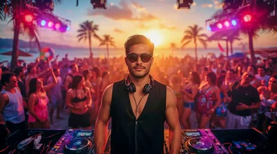 Male DJ Performing At A Sunset Beach Party