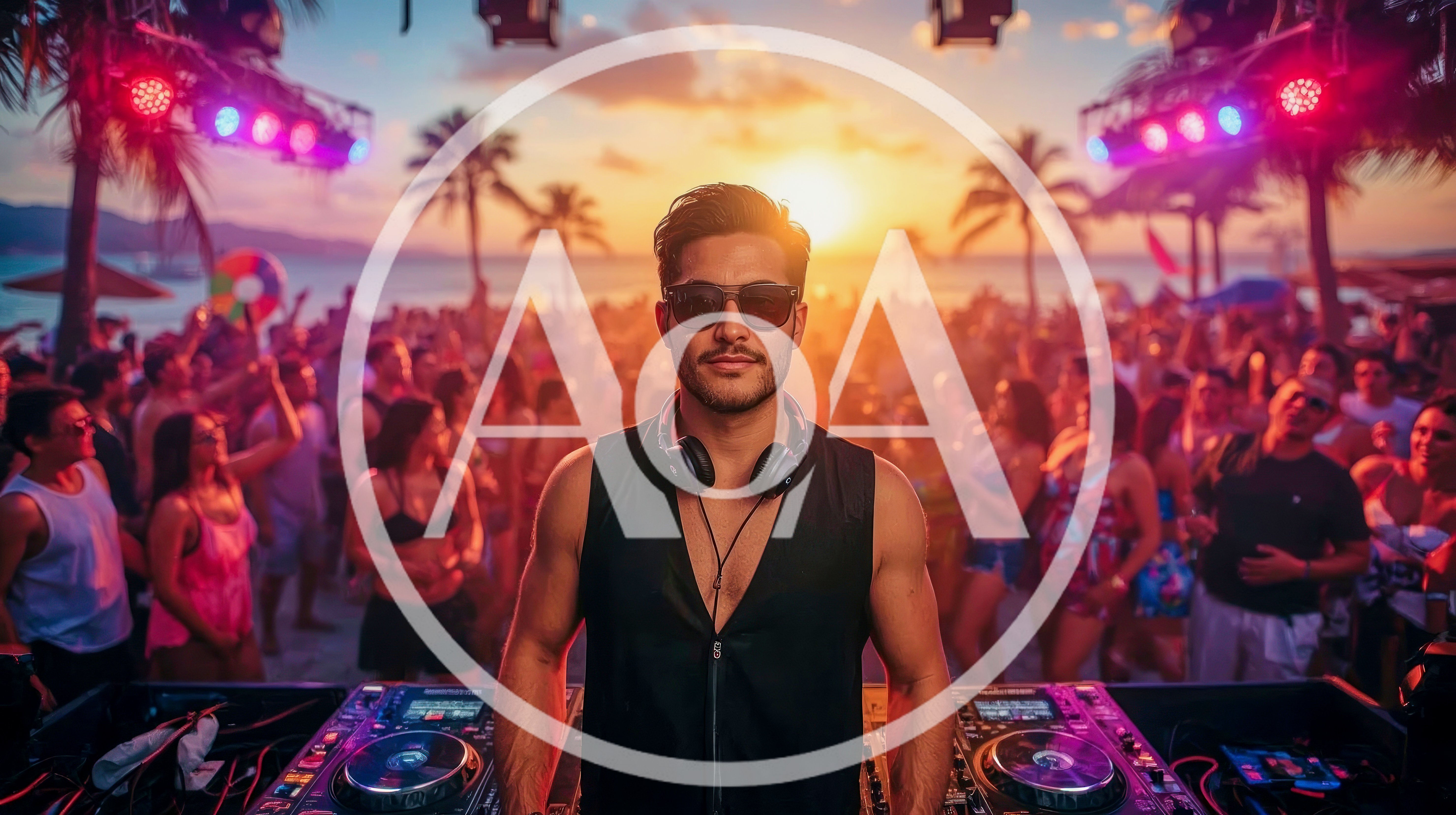 Male DJ Performing At A Sunset Beach Party