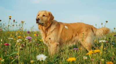 Golden Retriever Standing In A Wildflower Meadow