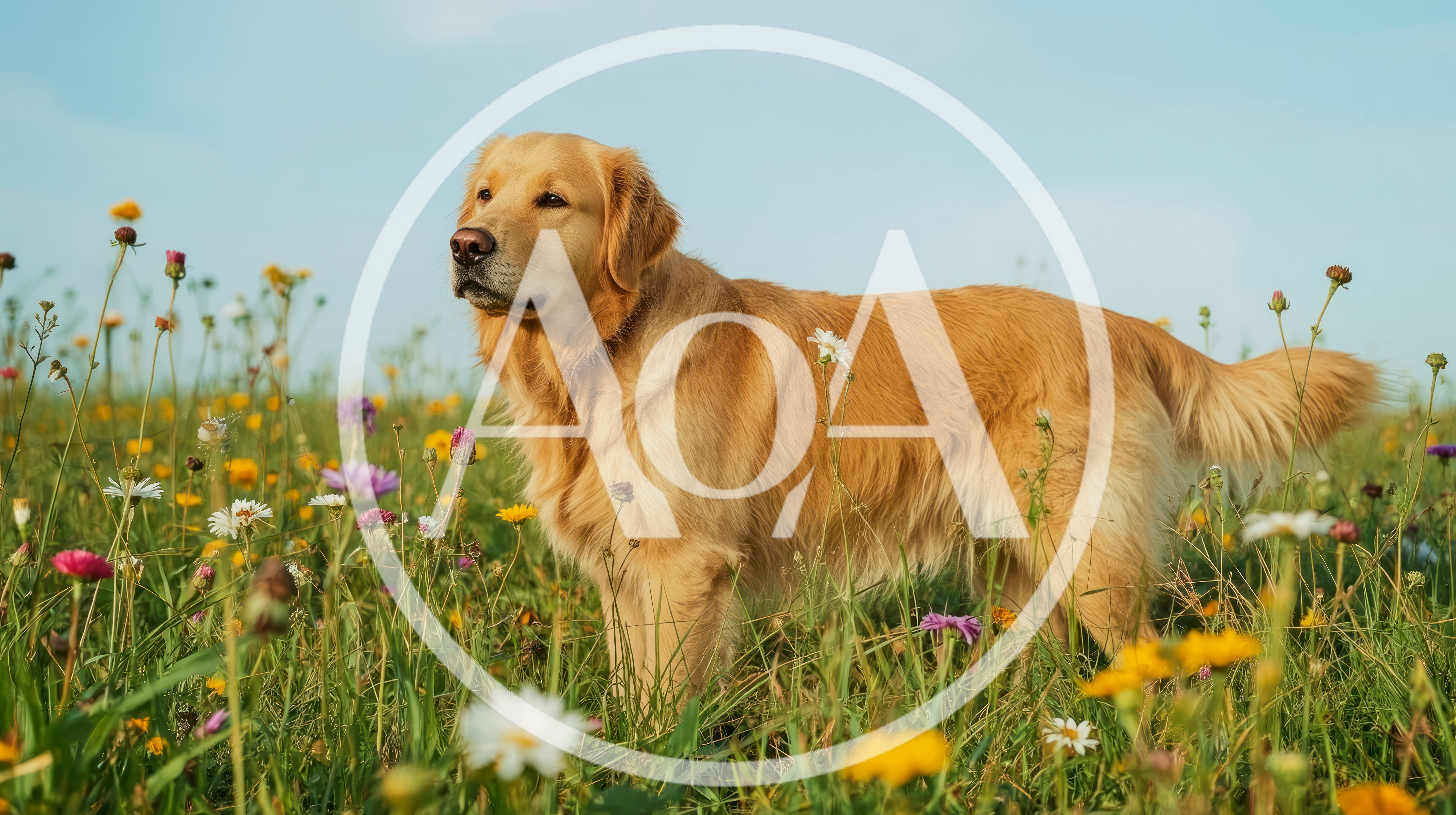 Golden Retriever Standing In A Wildflower Meadow