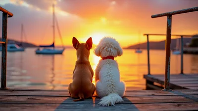 Two Dogs Sitting On A Wooden Pier At Sunset