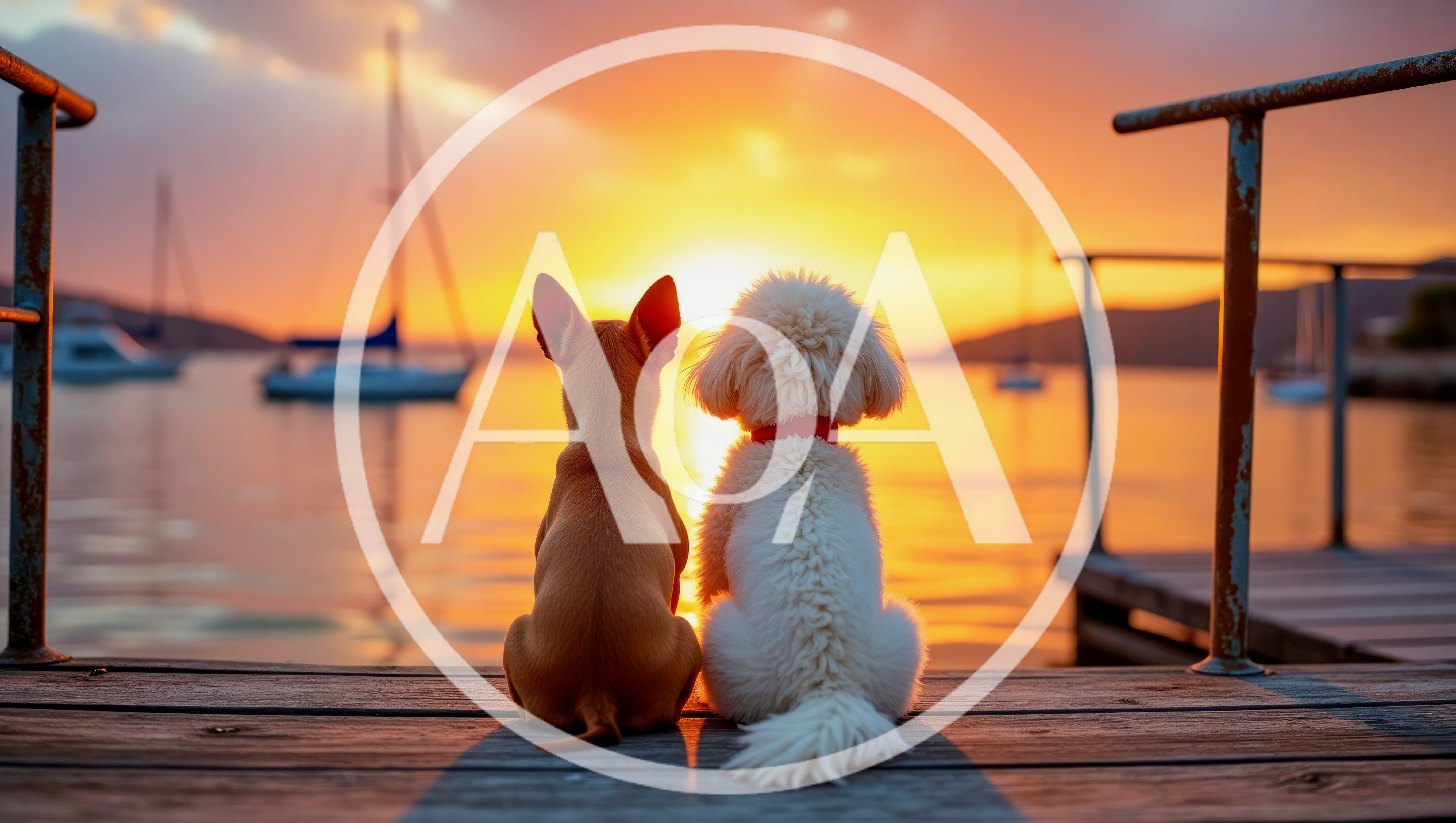 Two Dogs Sitting On A Wooden Pier At Sunset