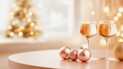 Two Glasses of Champagne with Christmas Ornaments
