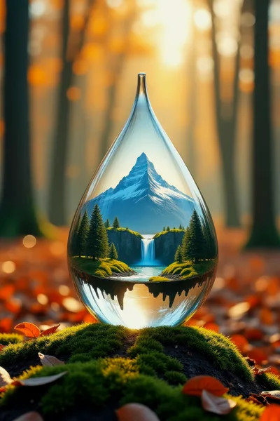 Glass Water Drop Containing A Mountain Landscape
