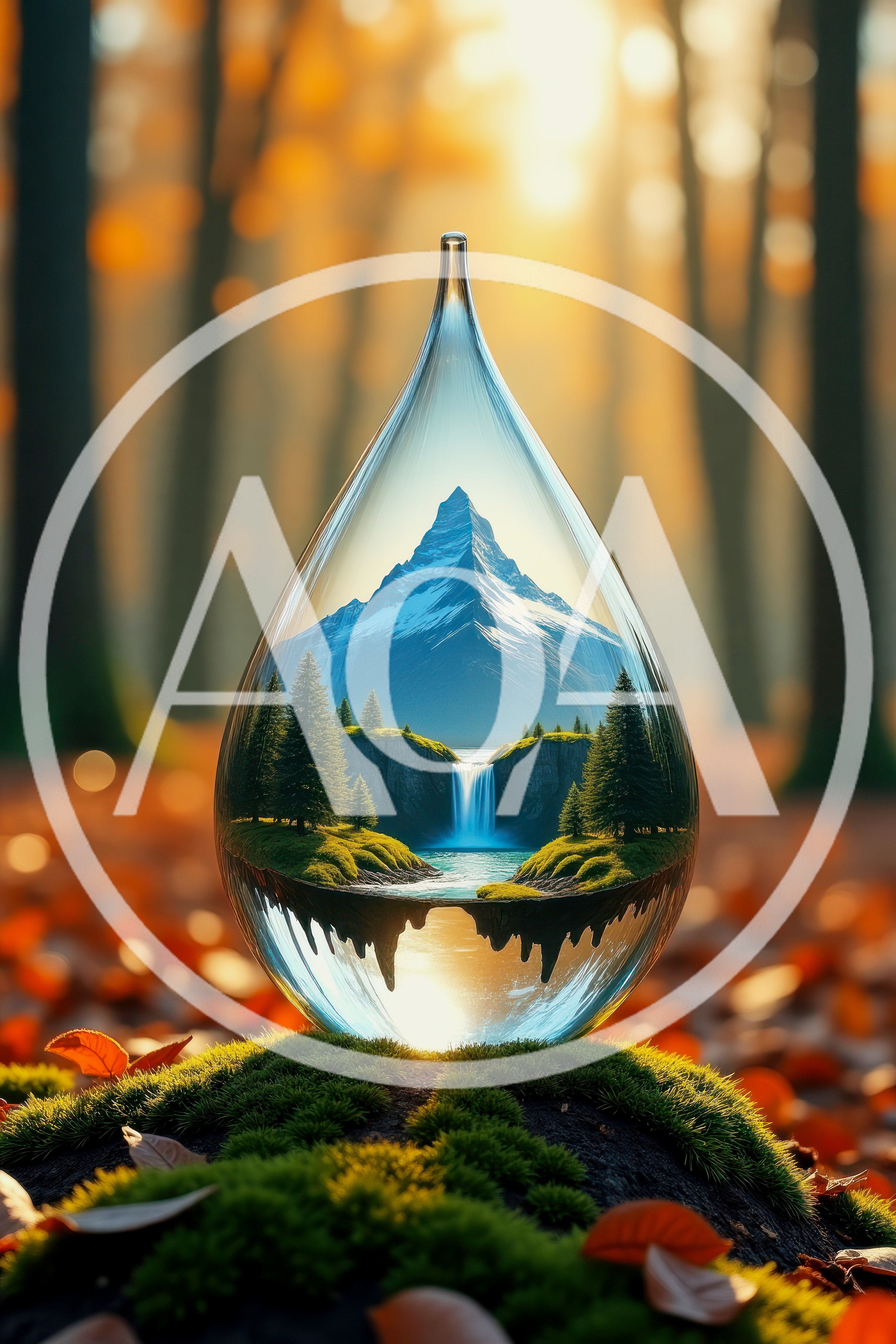Glass Water Drop Containing A Mountain Landscape