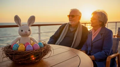 Senior Couple Celebrating Easter On A Cruise Ship Deck