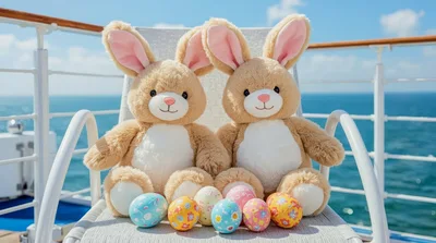 Two Plush Easter Bunnies Sitting On A Cruise Ship Deck