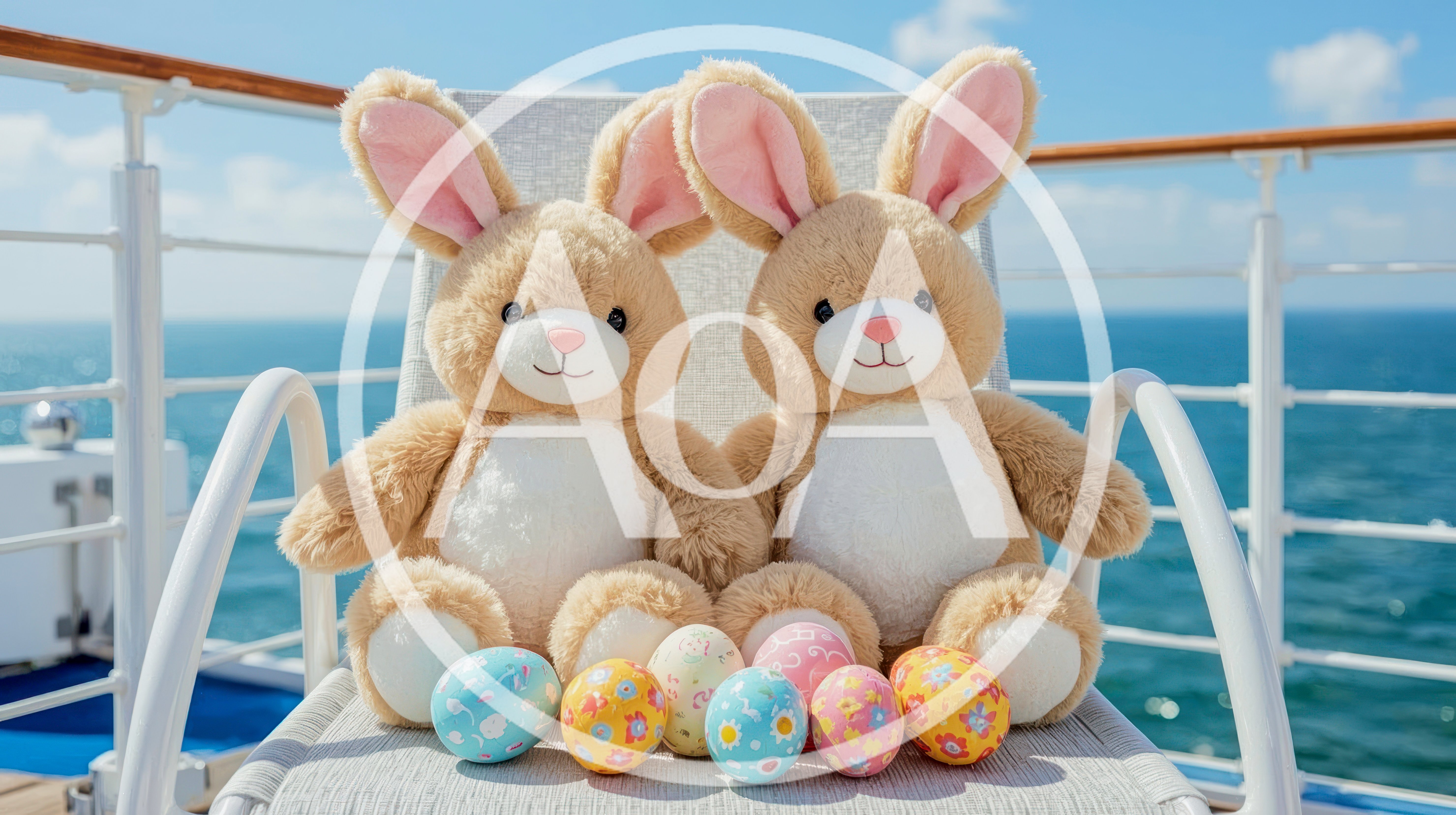 Two Plush Easter Bunnies Sitting On A Cruise Ship Deck