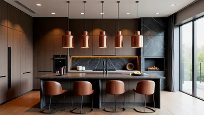 Modern Luxury Kitchen Interior With Copper Pendant Lights