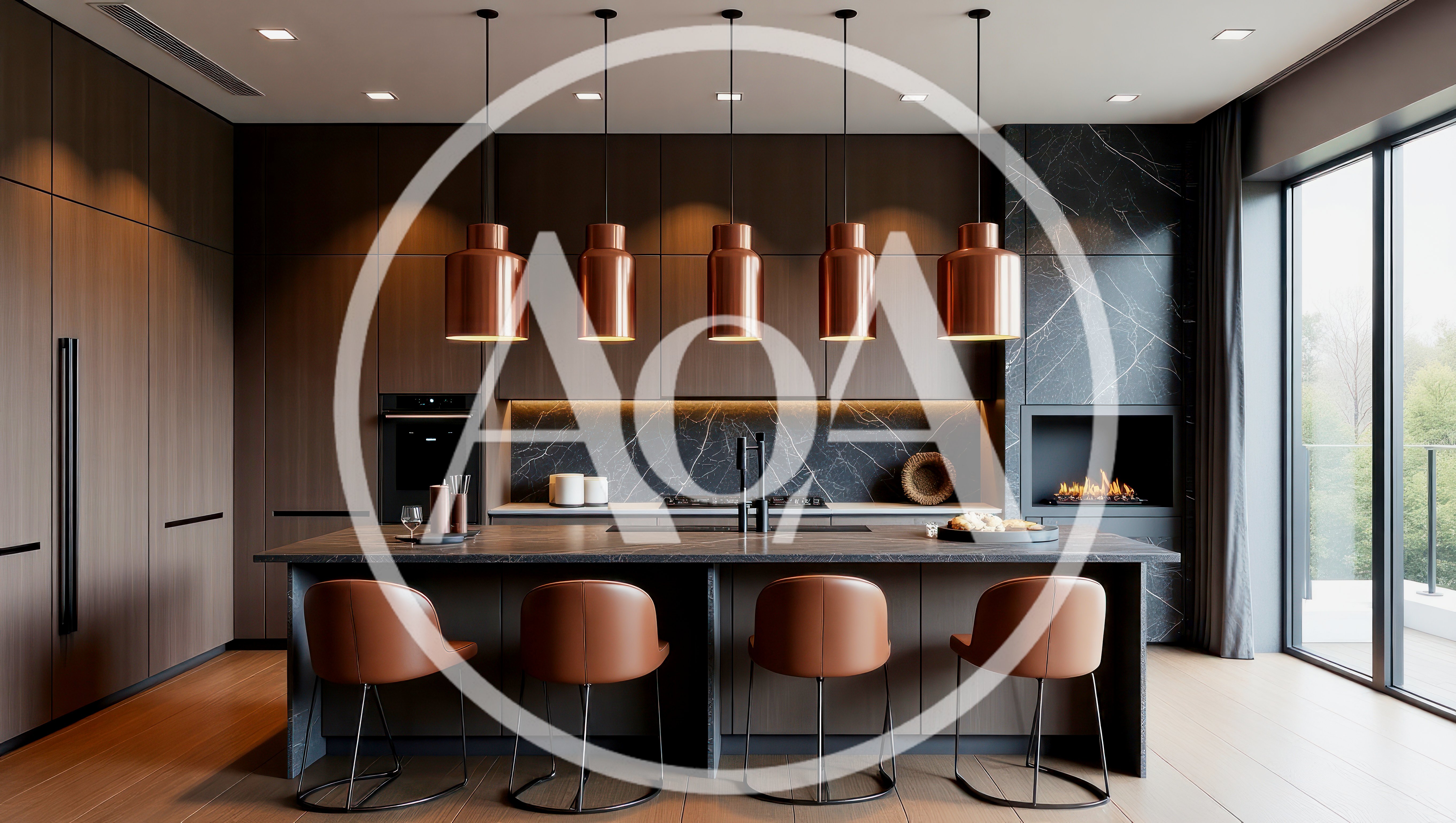 Modern Luxury Kitchen Interior With Copper Pendant Lights