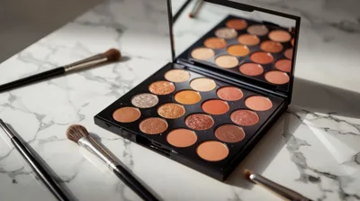 Eyeshadow Palette And Makeup Brushes On Marble Surface