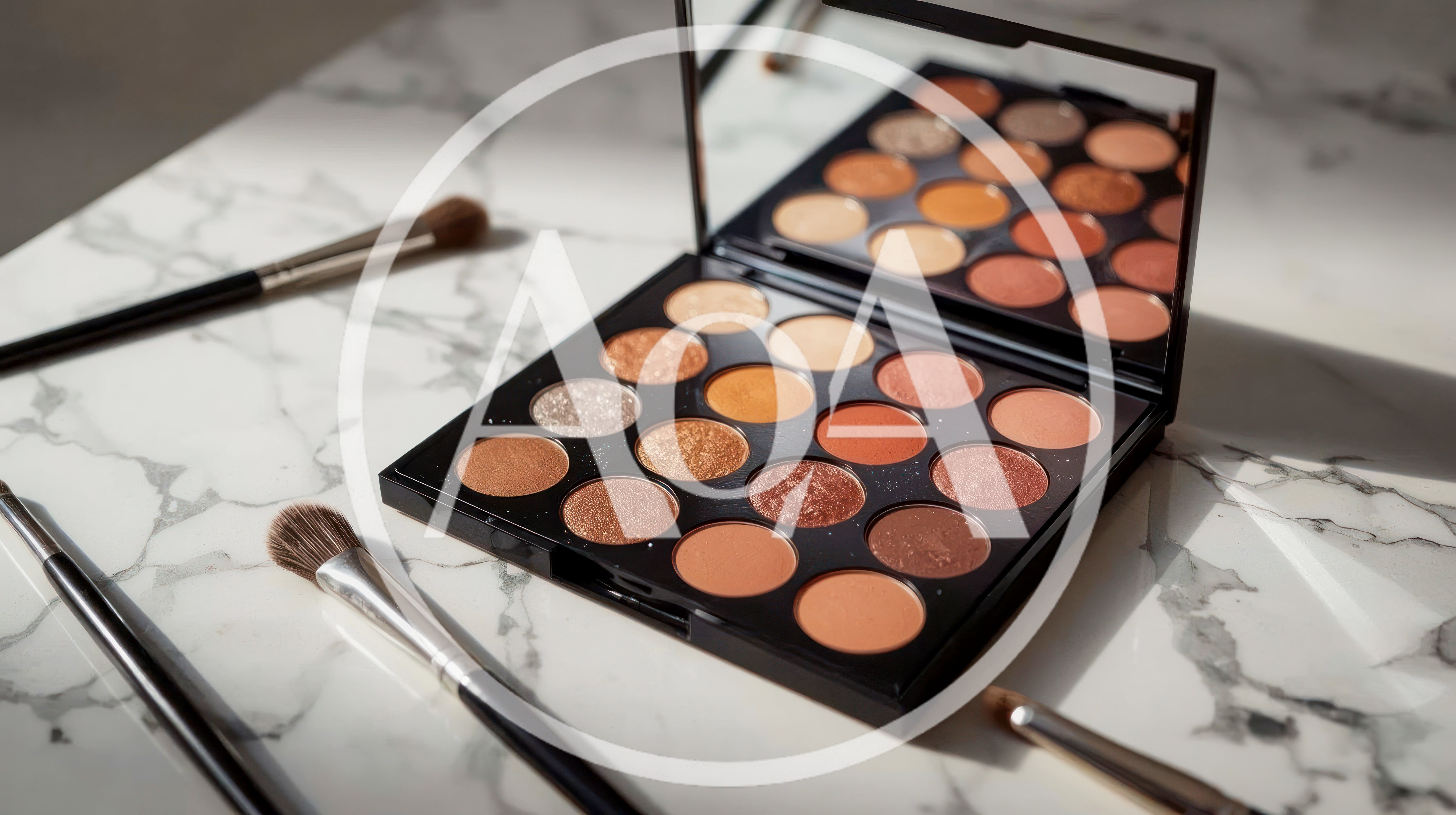 Eyeshadow Palette And Makeup Brushes On Marble Surface