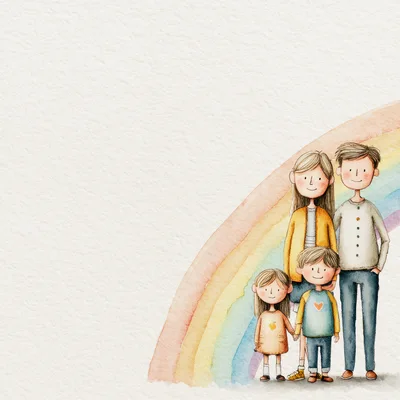 Watercolor Illustration Of A Happy Family With Rainbow