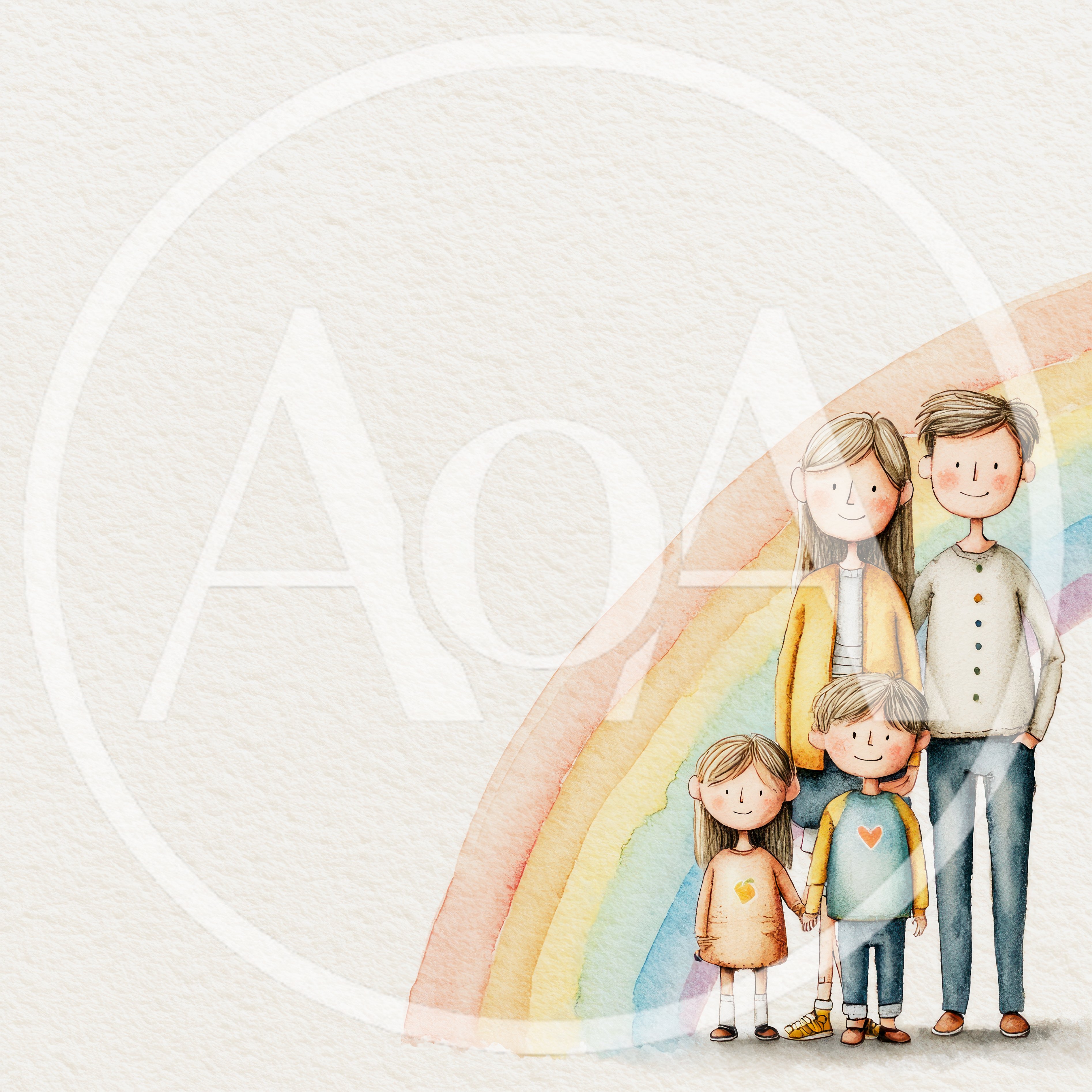 Watercolor Illustration Of A Happy Family With Rainbow