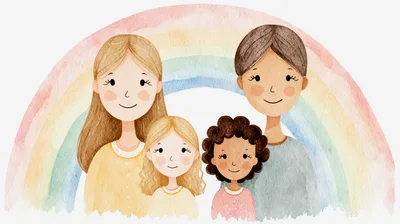 Watercolor Illustration Of A Diverse Family Under A Rainbow