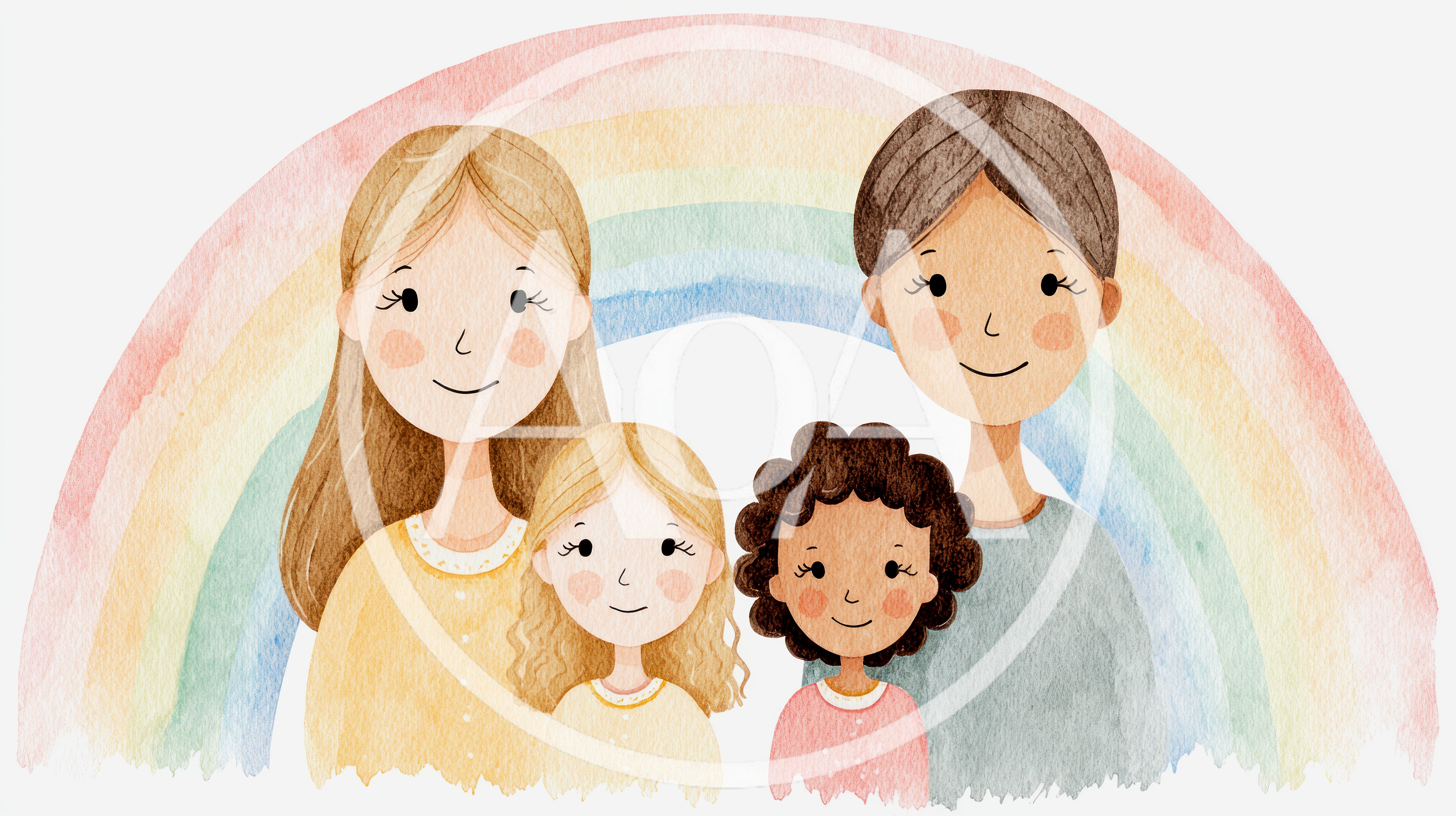 Watercolor Illustration Of A Diverse Family Under A Rainbow
