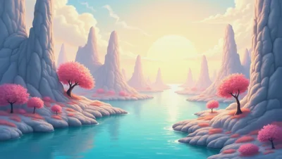 Surreal Landscape With Pink Trees And Turquoise River