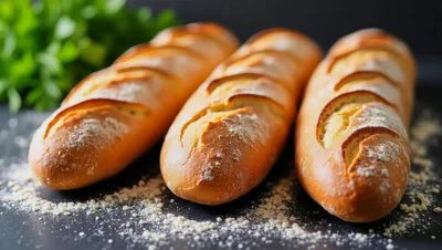 Three Freshly Baked French Baguettes On A Dark Surface