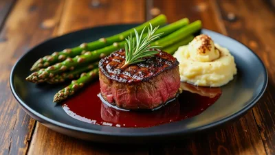Grilled Filet Mignon Steak With Asparagus And Mashed Potatoes