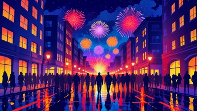 Crowd Walking Through City Street During Fireworks Display