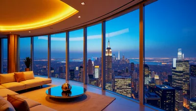 Luxury Penthouse Living Room With New York City Skyline
