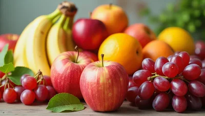 Fresh Assorted Fruits On A Wooden Table