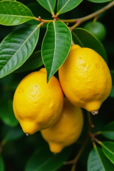 Fresh Yellow Lemons Hanging On A Tree Branch