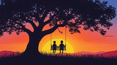 Two Children Sitting On A Swing Under A Tree