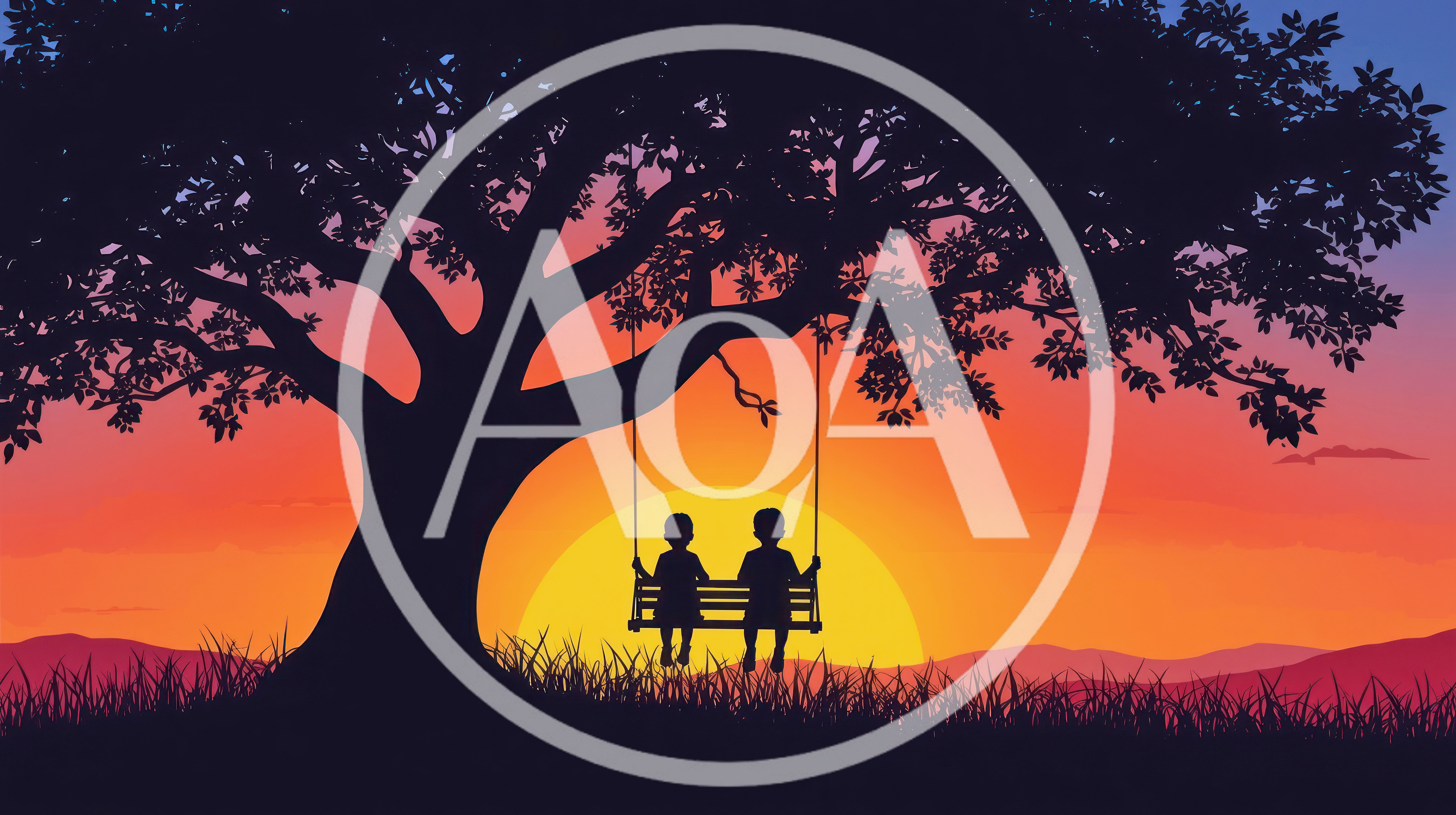 Two Children Sitting On A Swing Under A Tree