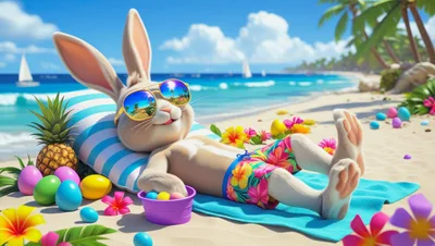 Easter Bunny Relaxing on Tropical Beach