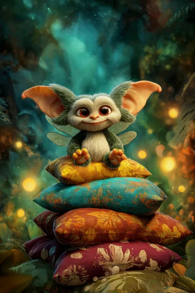 Cute Fantasy Creature Sitting On A Stack Of Pillows