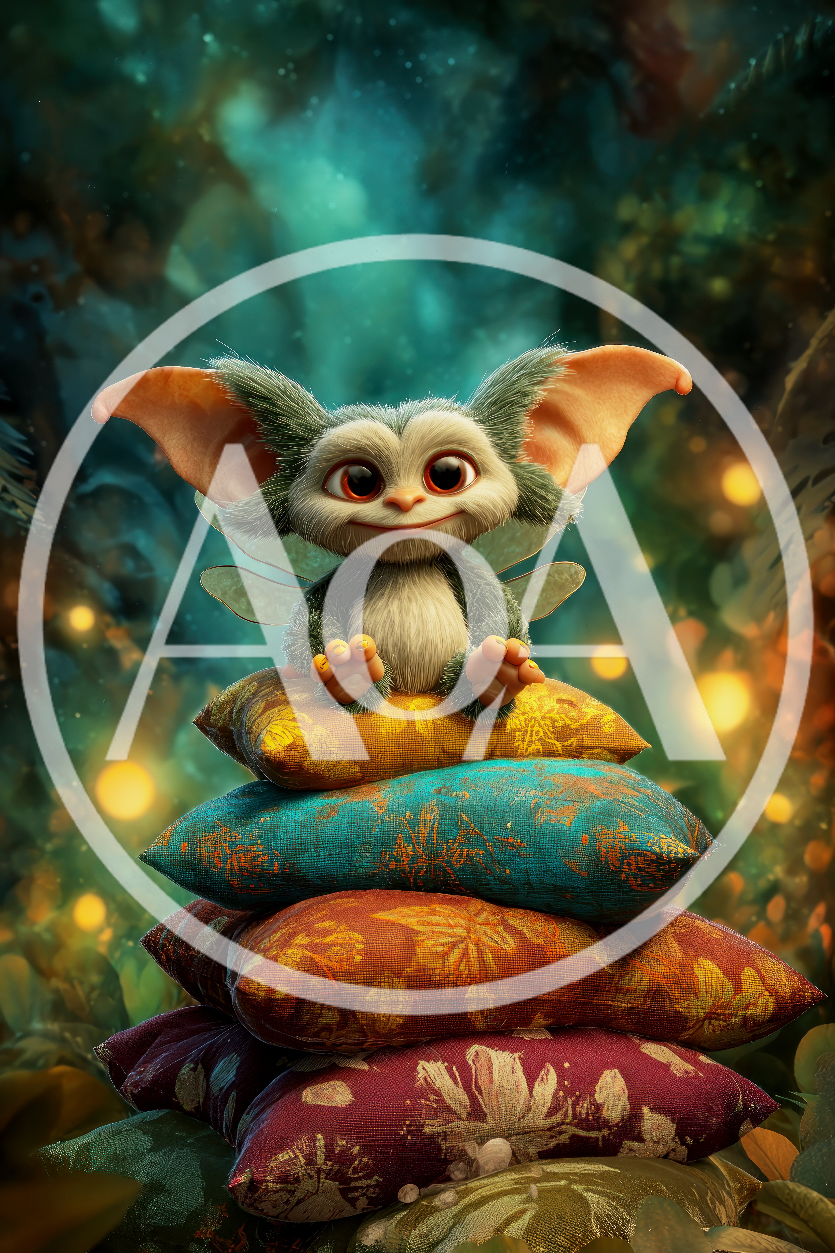 Cute Fantasy Creature Sitting On A Stack Of Pillows