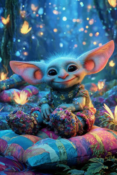 Cute Fantasy Creature Sitting On A Colorful Cushion