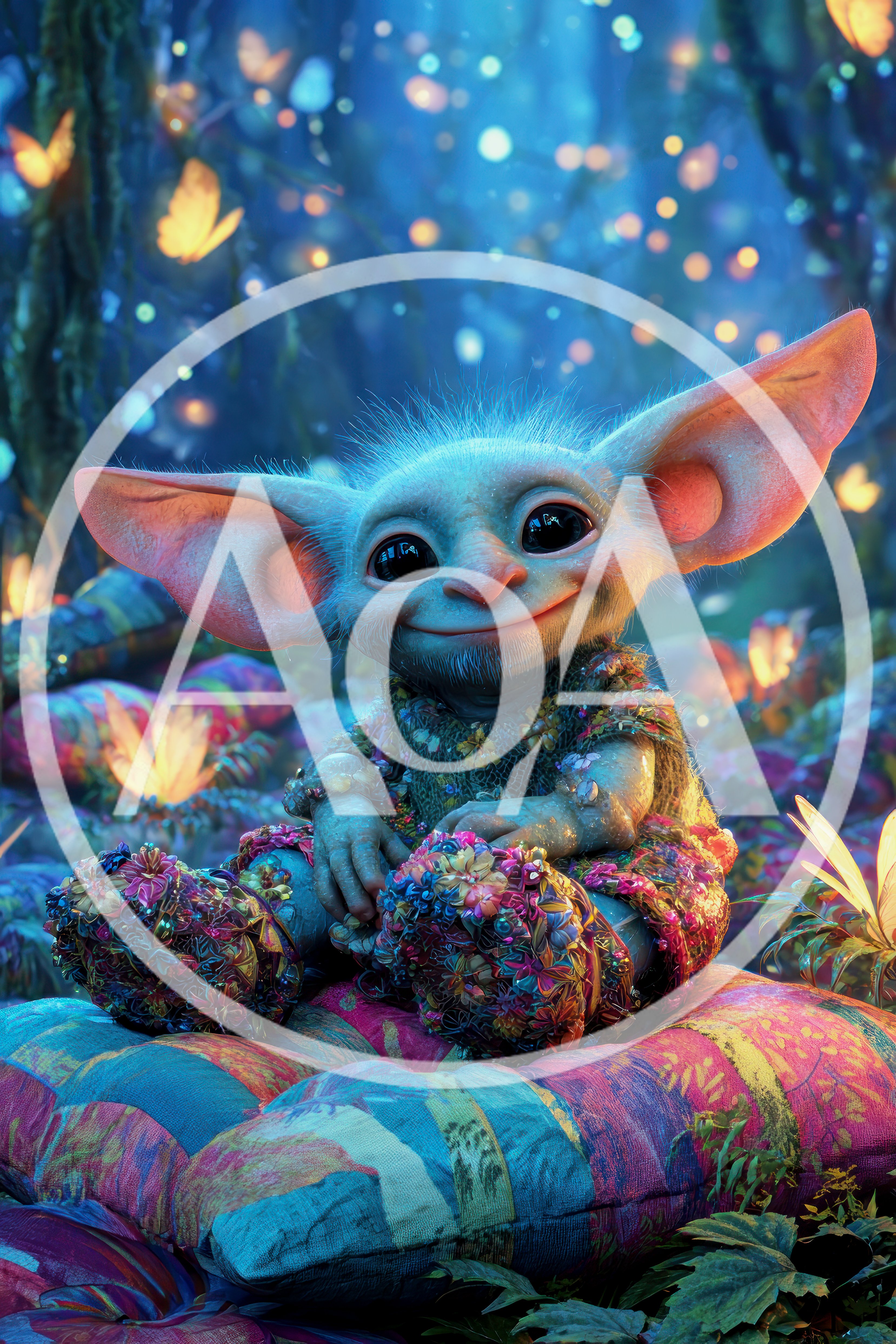 Cute Fantasy Creature Sitting On A Colorful Cushion