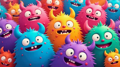 Group Of Colorful Cartoon Monsters With Happy Expressions