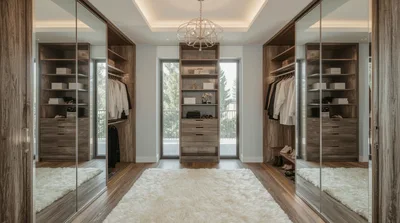 Modern Walk In Closet With Wooden Shelving
