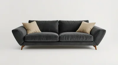 Modern Dark Grey Leather Sofa With Beige Throw Pillows