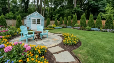 Backyard Garden With Shed And Adirondack Chairs