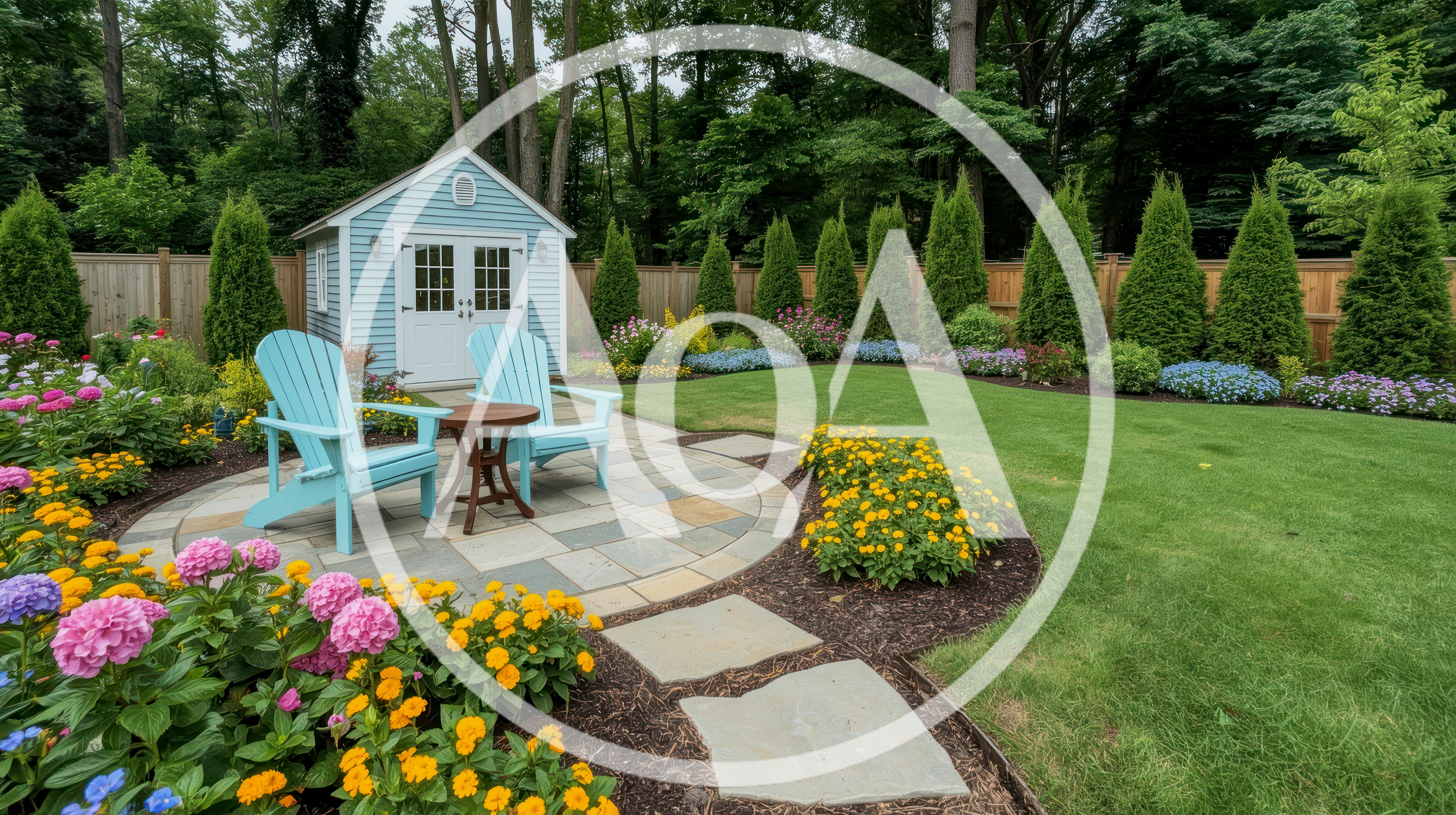 Backyard Garden With Shed And Adirondack Chairs