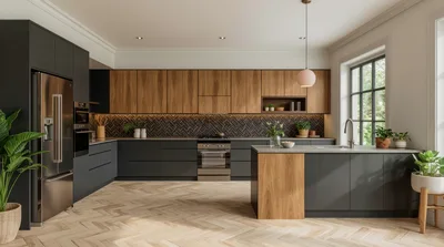 Modern Kitchen Interior With Wood And Dark Cabinetry