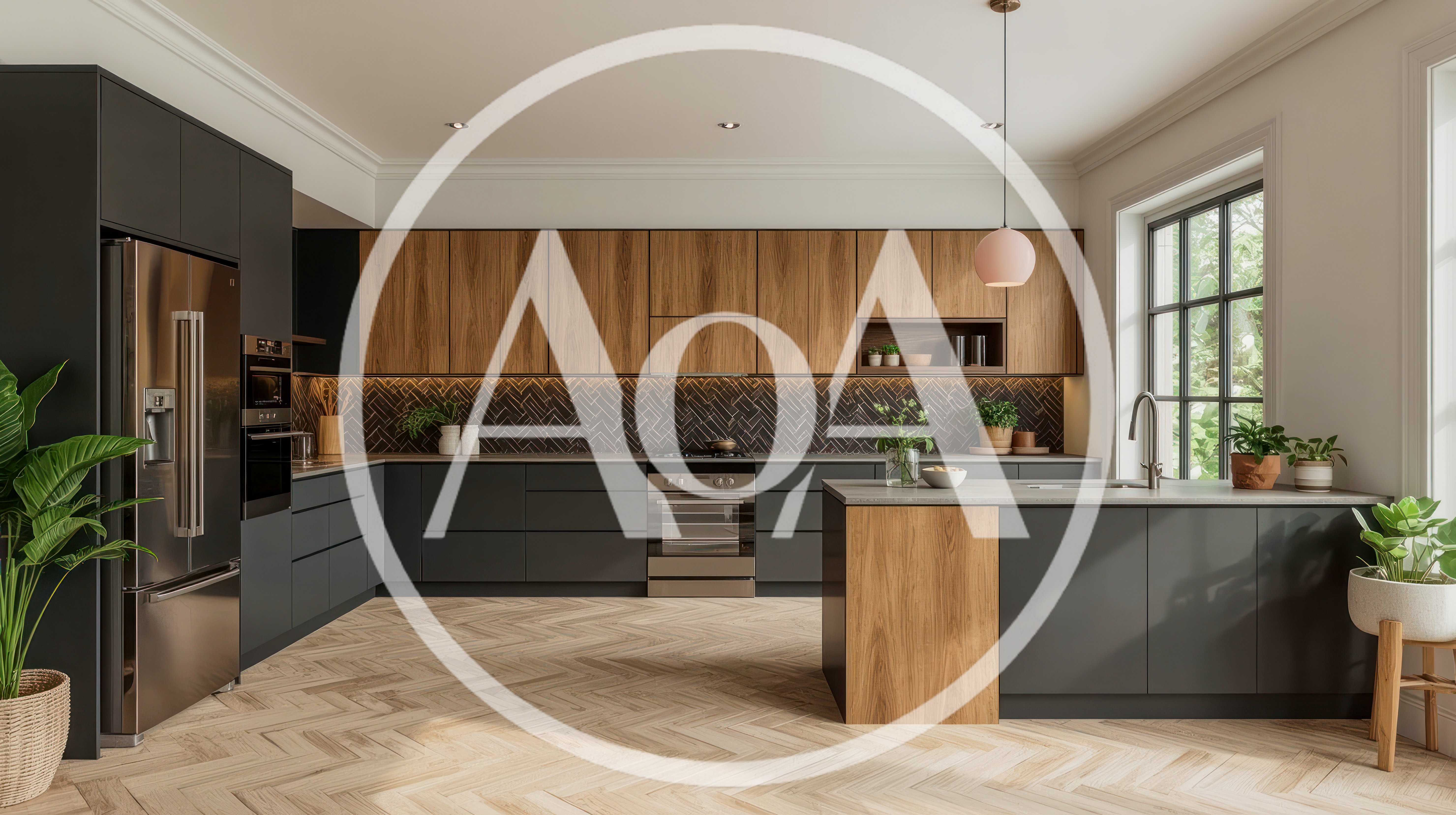 Modern Kitchen Interior With Wood And Dark Cabinetry