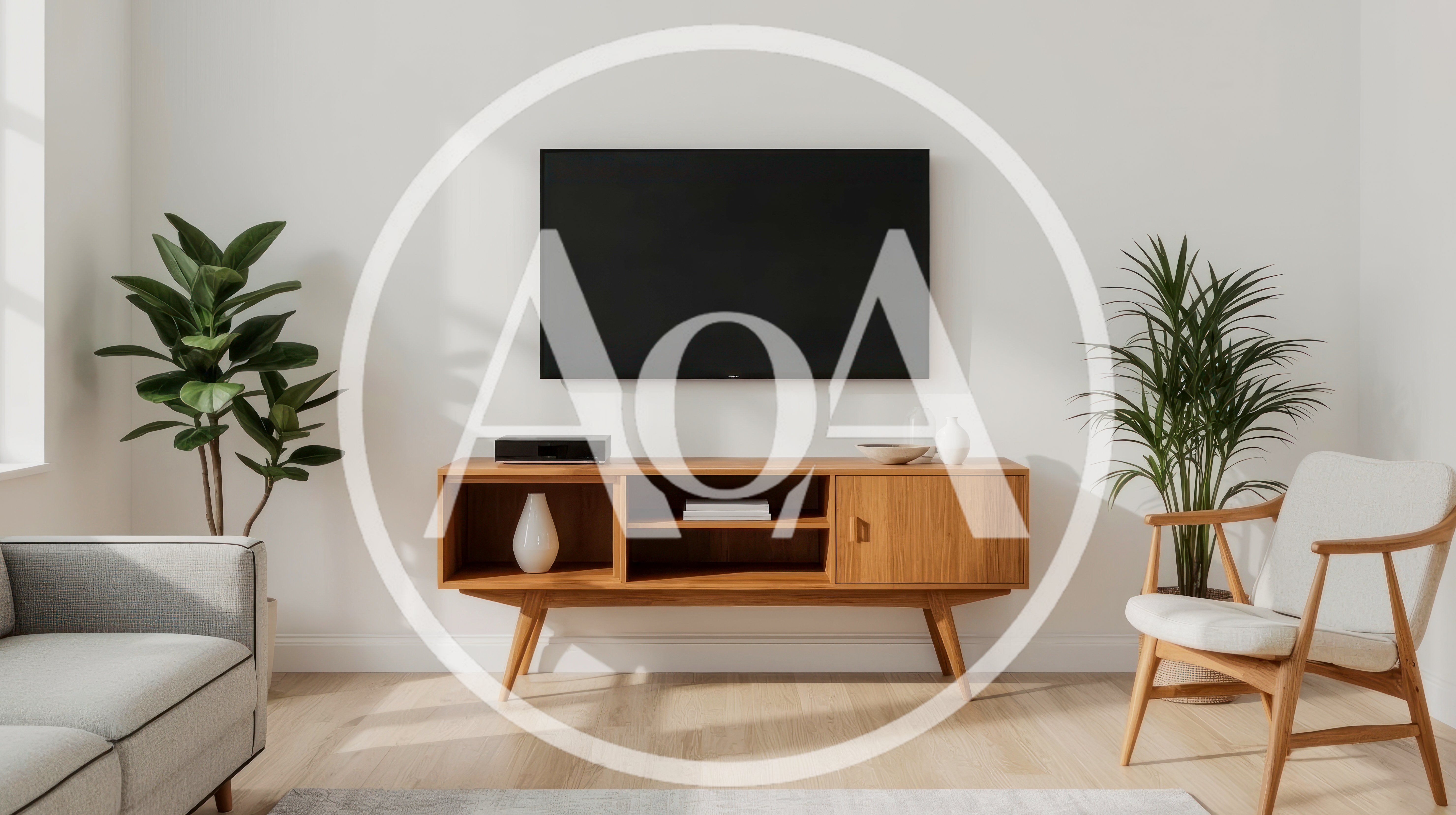 Modern Living Room Interior With Television And Wooden Console